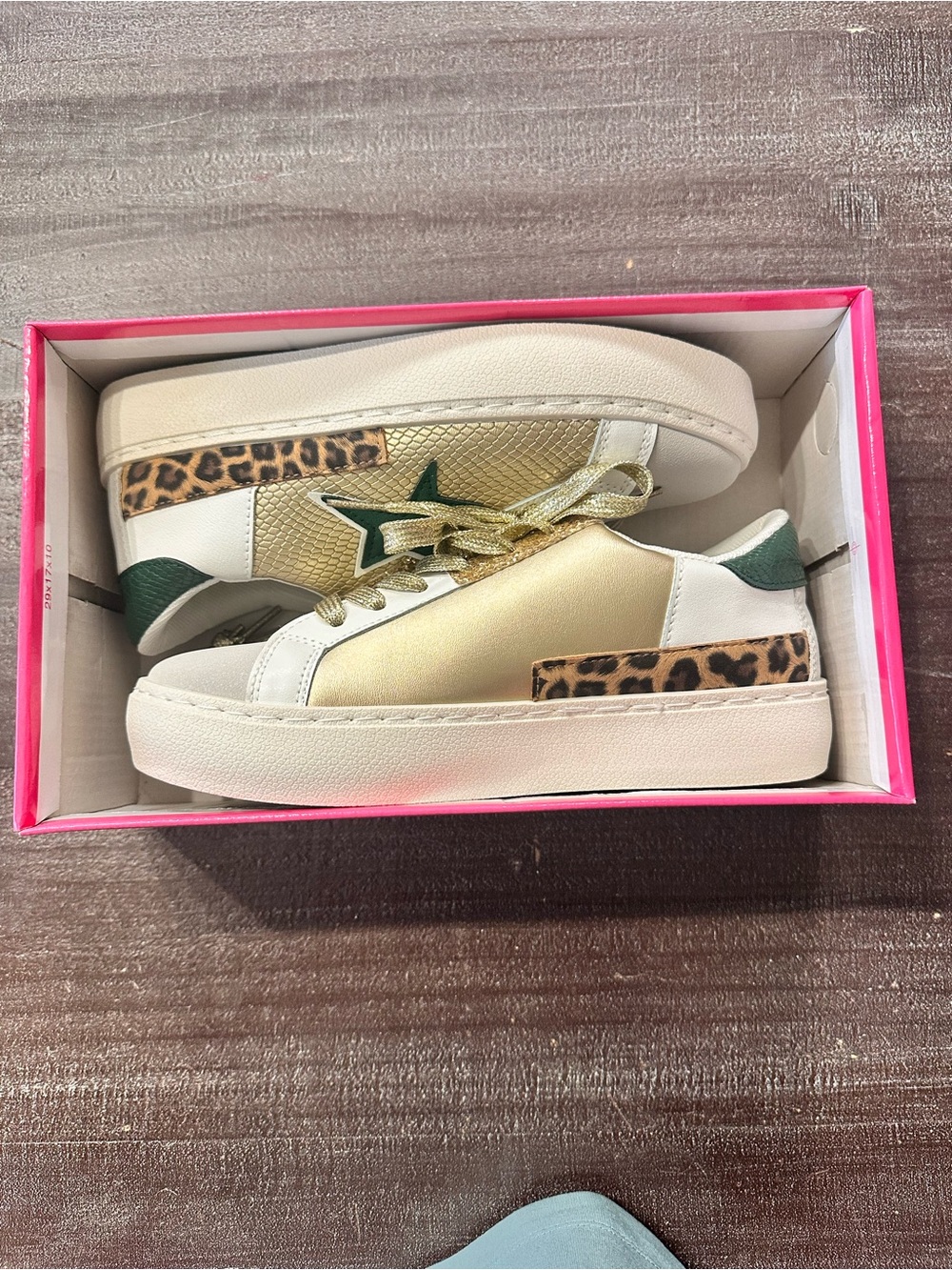 Women’s Gold Metallic & Green Star Leopard Accent Sneakers